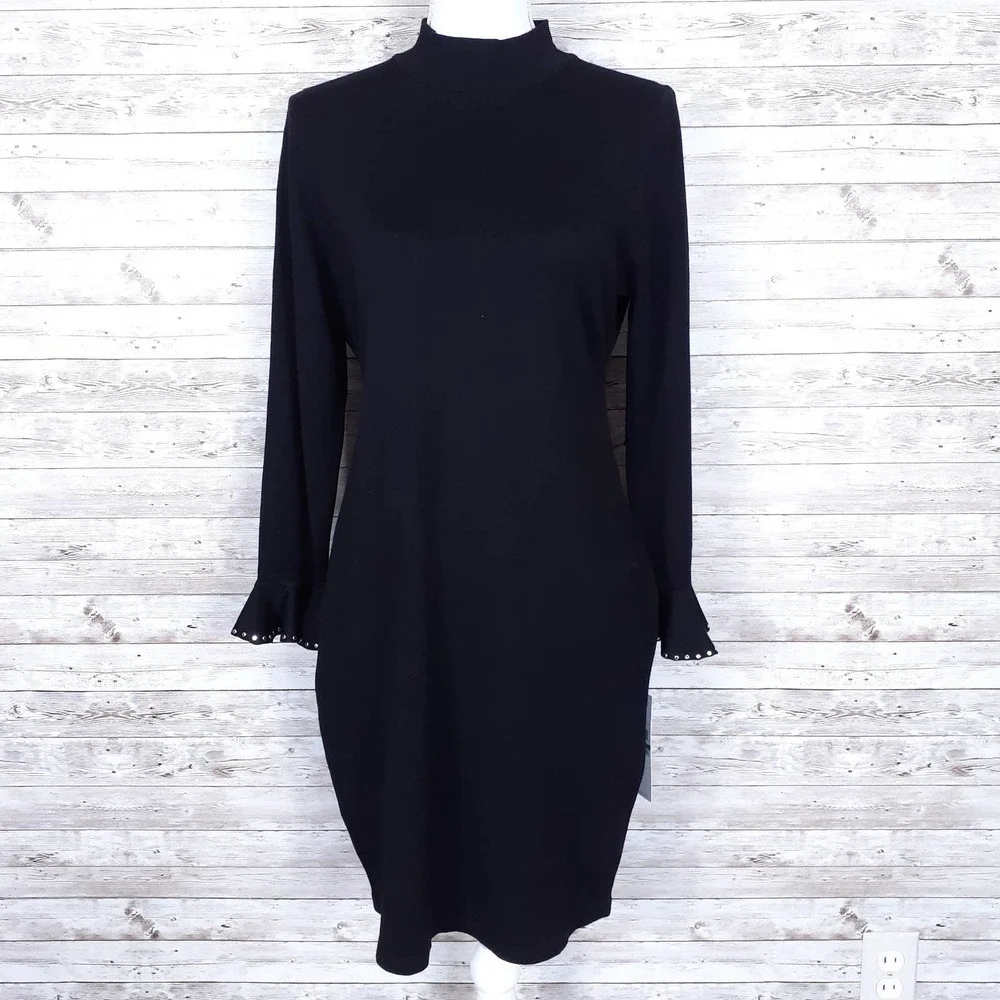 Calvin Klein Knit Dress PL Ruffle Sleeve Black 318 - Picture 1 of 7